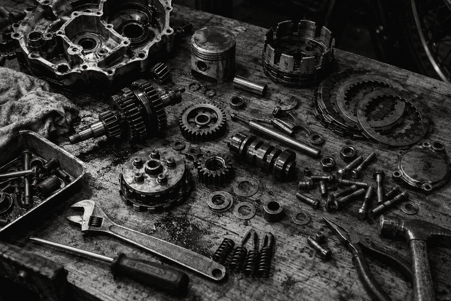 イメージ写真：木の作業台に並べた部品と工具